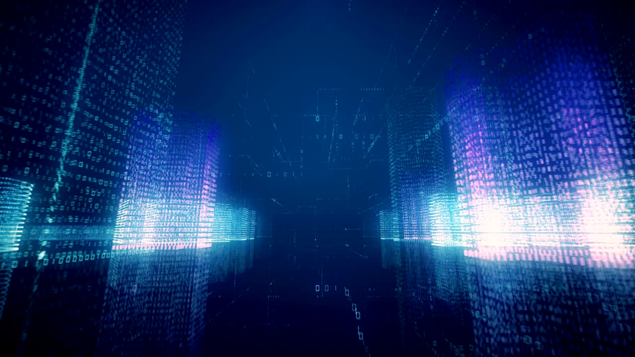 Seamless abstract flight in a virtual digital city in a binary code space, blue color