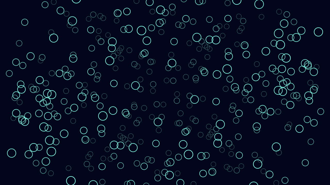 Soft turquoise bokeh circles drift across a dark navy background, creating an abstract bubble pattern for modern motion design, tech visuals, and digital backdrops