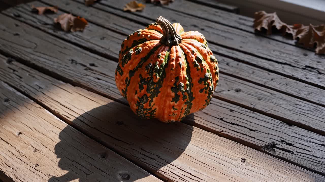 Close-up video shot of a textured pumpkin on a rustic wooden table, captured from a top-down angle