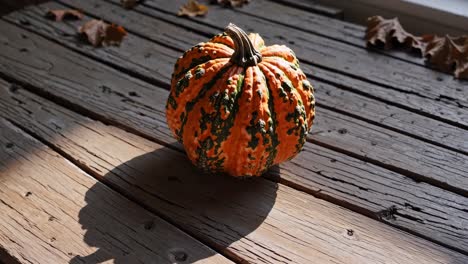 Close-up video shot of a textured pumpkin on a rustic wooden table, captured from a top-down angle