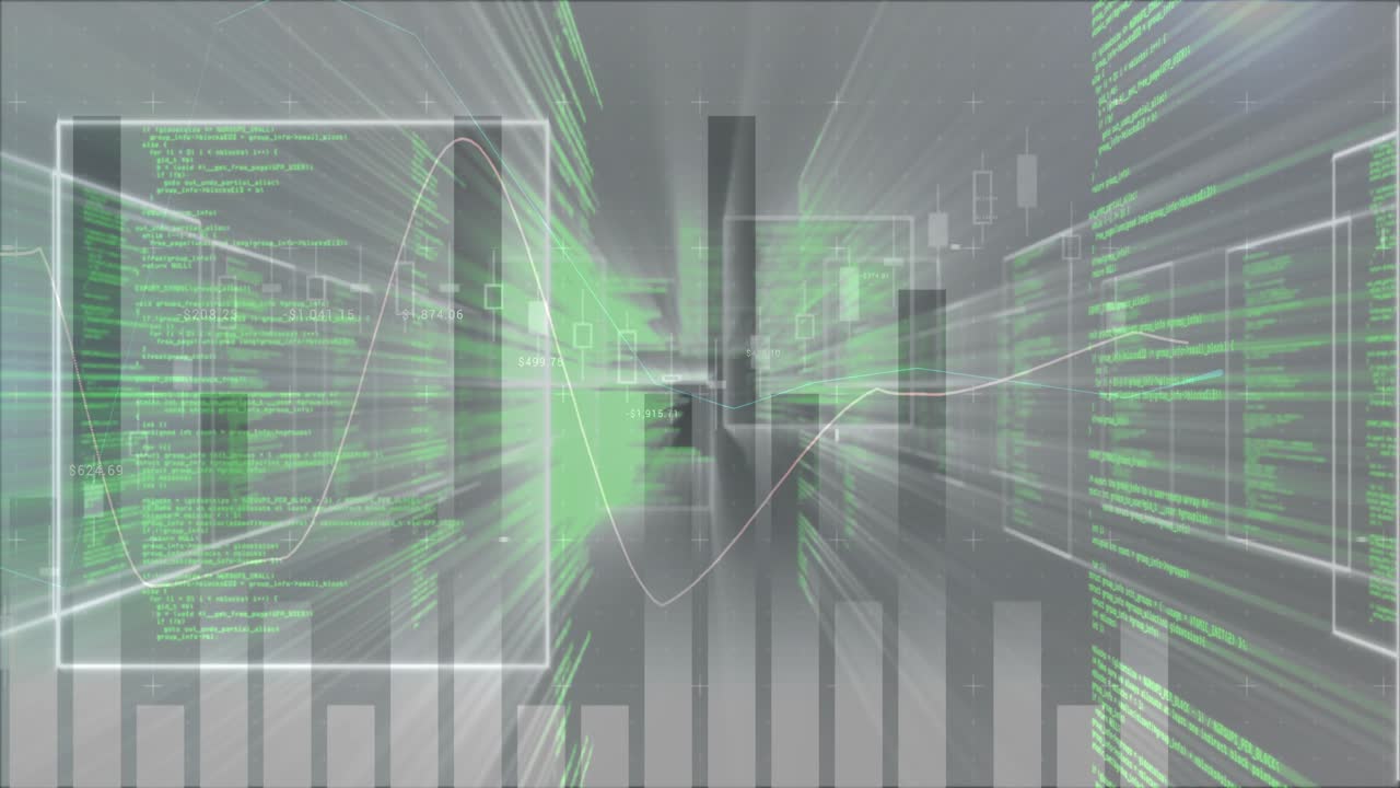 Data corridor spawning from green code pulse, flying forward, bars shifting, visualizing analytics