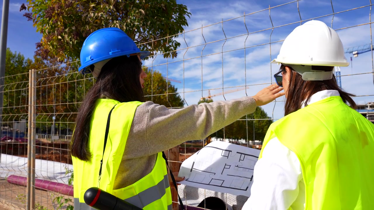 Dos mujeres profesionales con sombreros discutiendo un plano de construcción en una obra al aire libre.