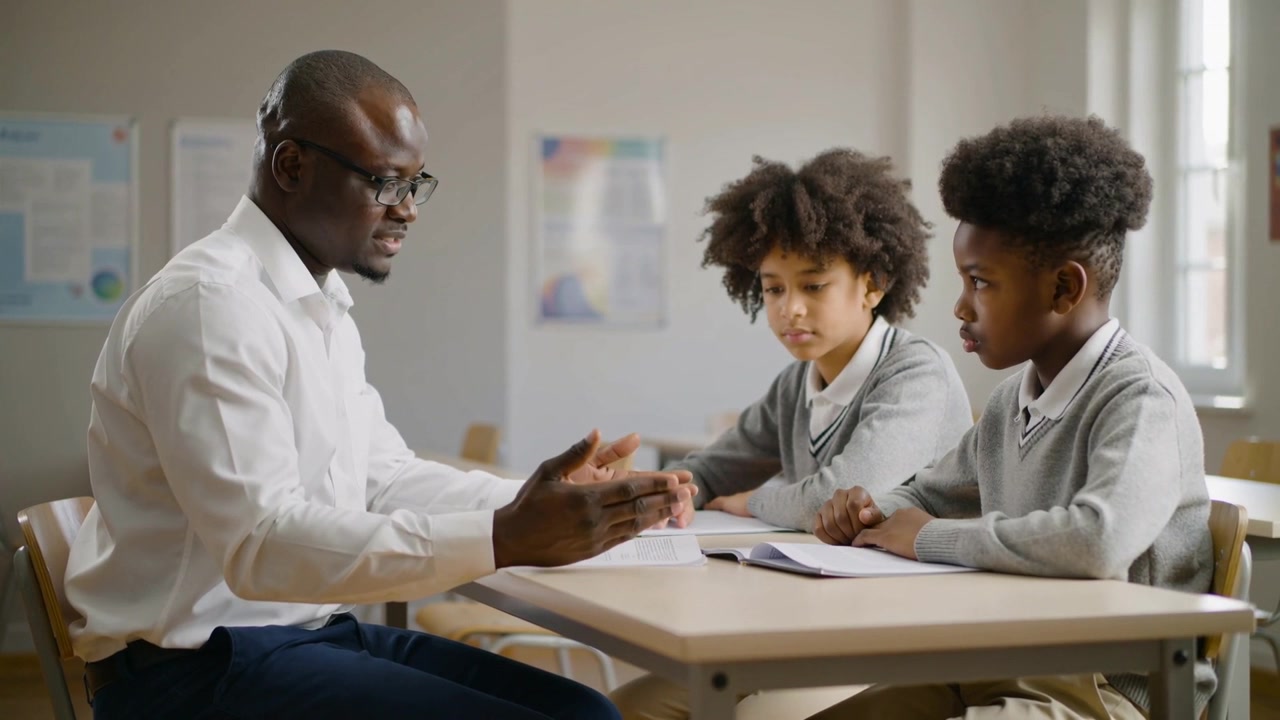Pointing to textbook, teacher in white shirt, glasses, teaching two kids in gray sweaters at desk