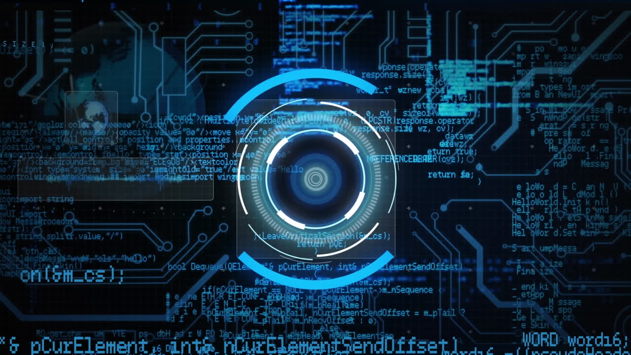 Animation of neon round scanner, data processing ad microprocessor connections on black background