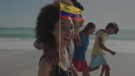 group of friends walking on beach with colombian flag animation overlay