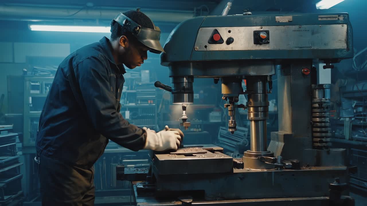 Man working on a drill press in a factory