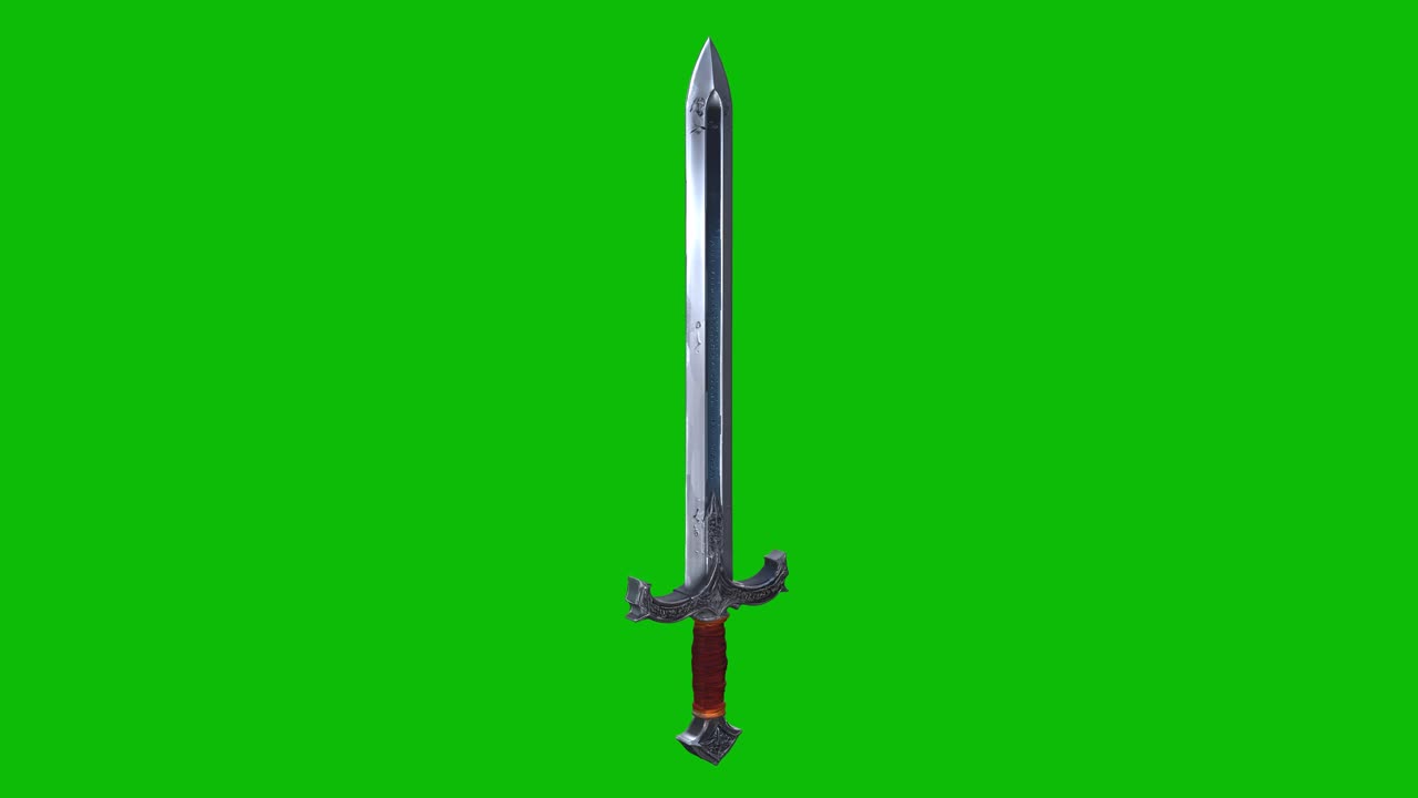 Highly detailed 3D fantasy sword design 02 with an ornate blade, glowing core, rotating 360 degree, isolated on green screen. Ideal for fantasy games, epic projects, and VFX compositing