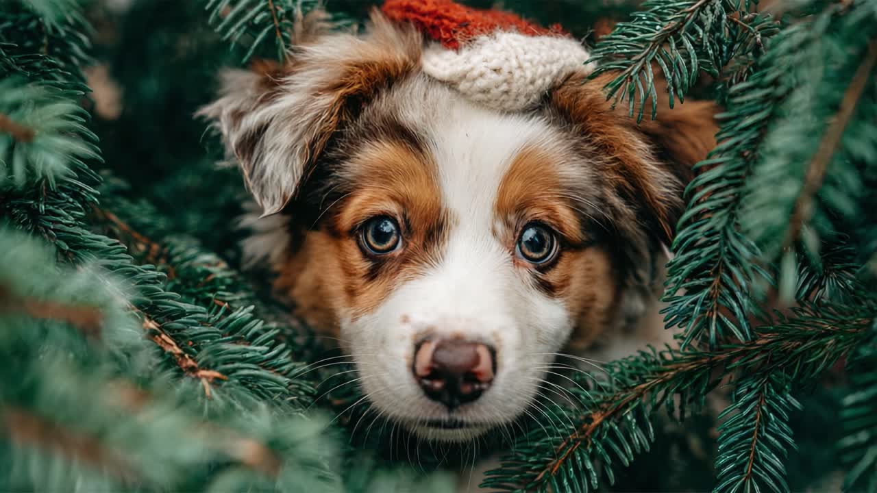 Adorable Puppy Surrounded by Christmas Greens, Wearing a Festive Hat; A Heartwarming Holiday Scene Captured in Two Frames, Showcasing the Spirit of the Season