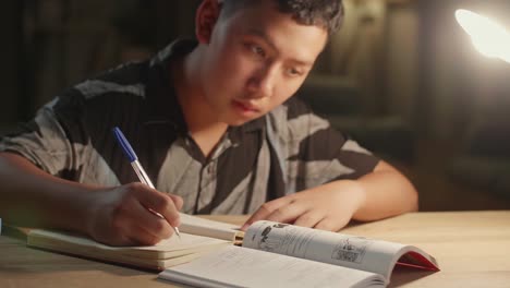 teenage boy doing homework at table in evening