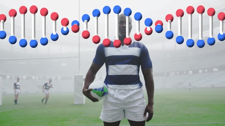 Animazione di un filamento di DNA su giocatori di rugby maschi allo stadio