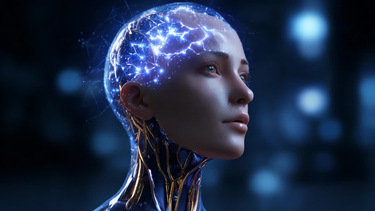 A stunning depiction of a futuristic, artificial intelligence being with a glowing, neural network-infused head that captures the essence of advanced technology and innovation in a digital age