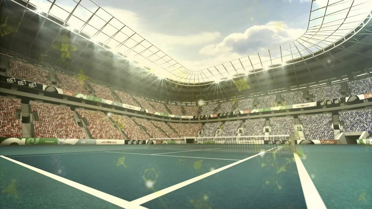 Campo da tennis panoramico che si estende su una scena di stadio in flat design, con folla, striscioni e riflettori.