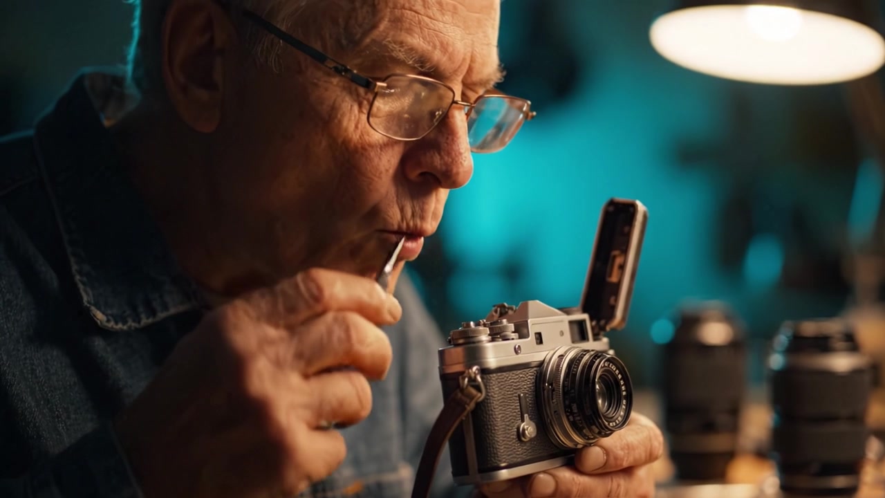 Un uomo anziano che esamina meticolosamente una macchina fotografica vintage, mostrando la sua passione per la fotografia e attenzione ai dettagli in un ambiente di laboratorio accogliente e ben illuminato.