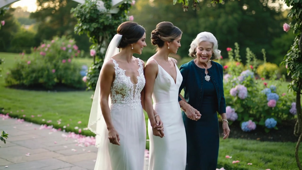 Entering from left brides and teal escort linking arms walking aisle under floral arbor for wedding