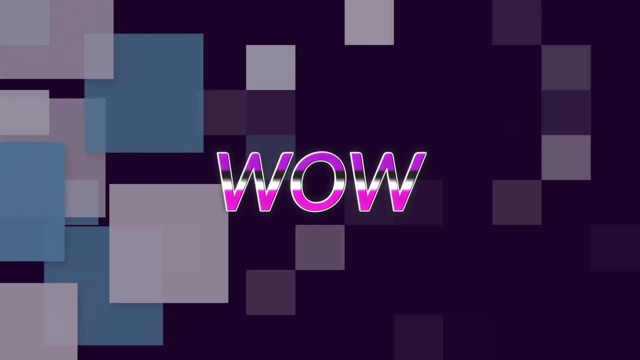 animación del texto wow sobre formas geométricas coloridas en movimiento sobre un fondo oscuro