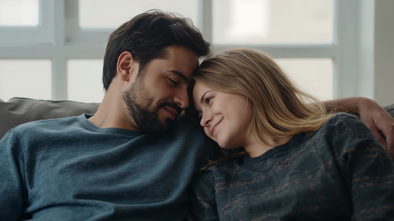 Leaning couple responding to soft window light smiling touching heads on couch at home in sweaters