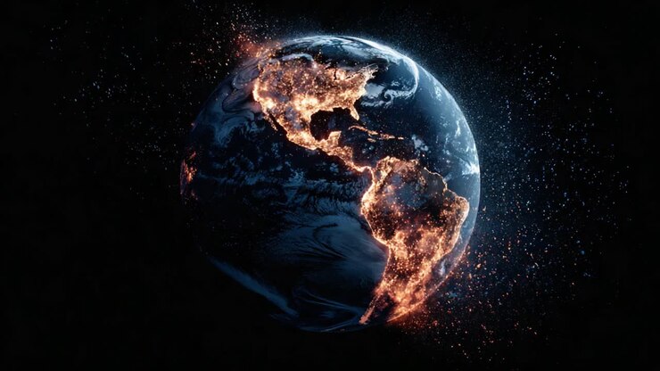 Uma representação visual impressionante da Terra iluminada por luzes vibrantes, capturando os limites requintados entre terra e mar em uma paisagem cósmica