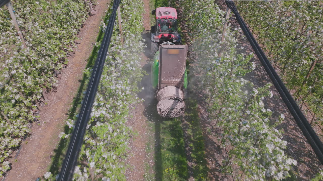 Aerial View of Tractor Spraying Apple Orchard