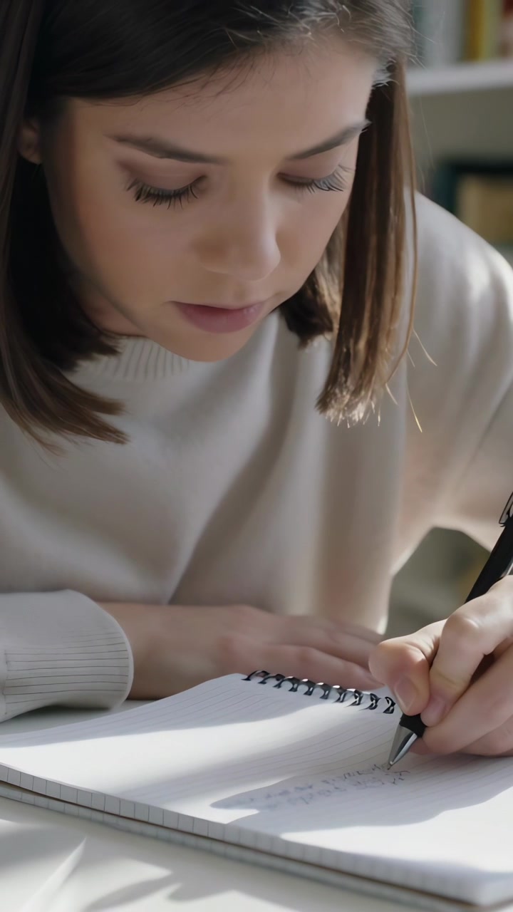 Video verticale: Donna con maglione che scrive appunti su un quaderno alla scrivania, portando la penna alla pagina.