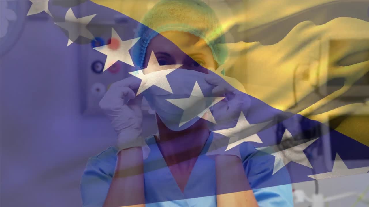 animación de la bandera de bosnia y herzegovina sobre una cirujana caucásica que lleva una máscara quirúrgica