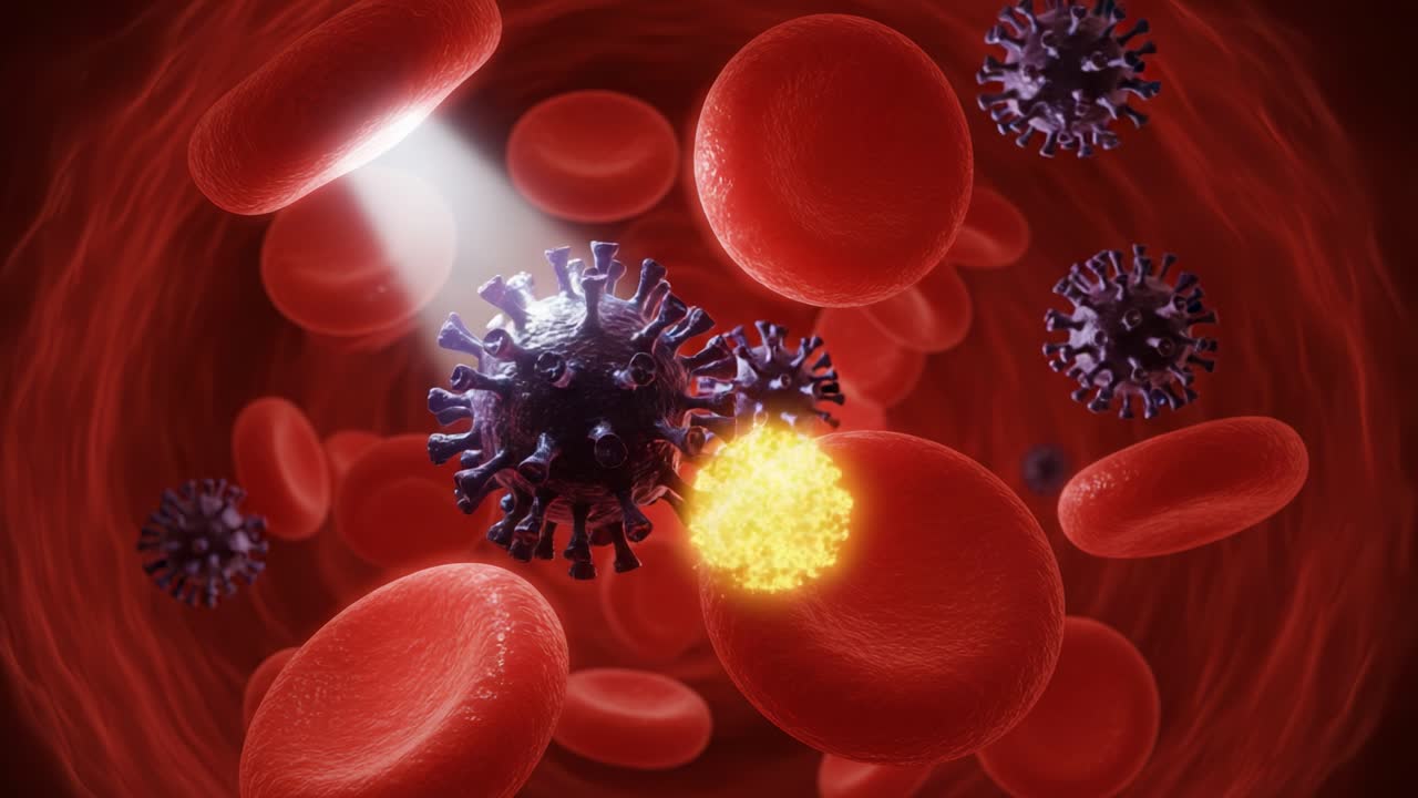 Microscopic Visualization of Viral Activity within Bloodstream: A Close-Up on Virus-Blood Interactions and Immune Response Dynamics in Human Physiology