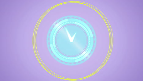 animation of clock with turning hands and colourful shapes on lilac background