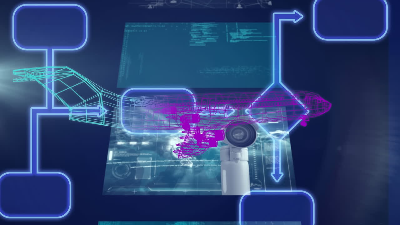 Animation of 3d airplane model spinning over shapes and data processing on blue background