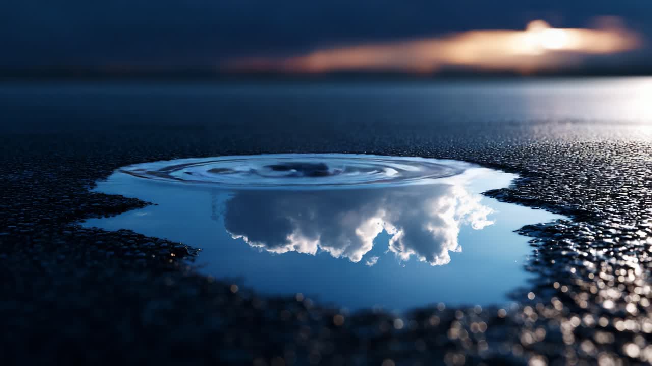 The Tranquil Reflection of Clouds in a Puddle on a Dark Surface at Dusk: Nature's Mirror Capturing the Serene Beauty of Sky and Water in Perfect Harmony