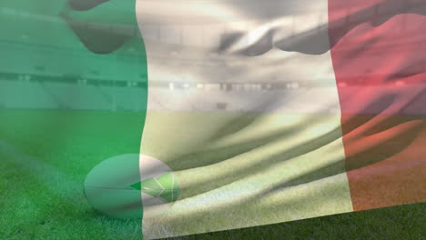 animation of waving flag of italy over stadium with rugby ball