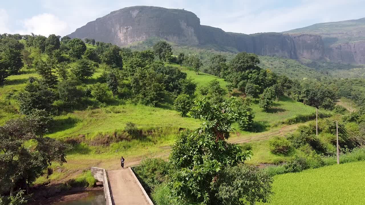 晴れた日に緑の木と山を背景に川を横断する橋を歩く男