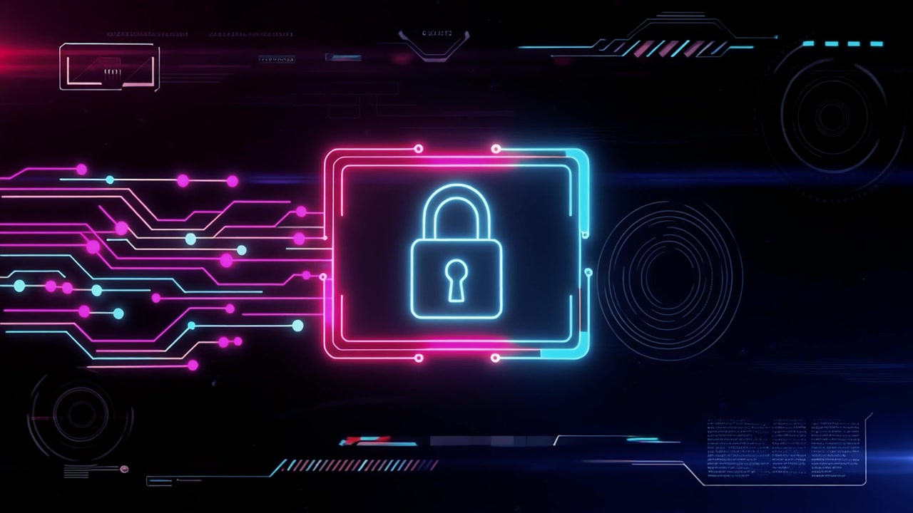 Futuristic Cybersecurity Padlock Icon with Digital Data Flow