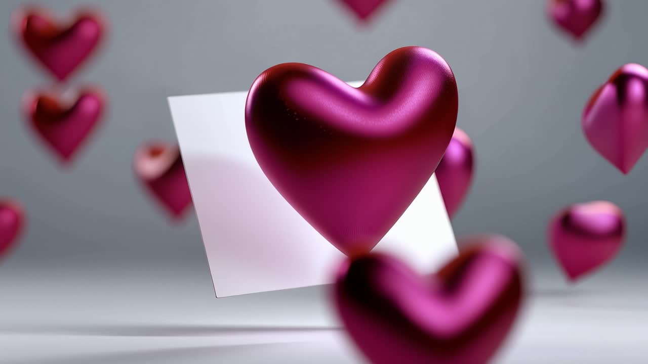 Shiny red hearts float gently above a white card. Soft focus blurs surrounding hearts in background. Minimalist setting evokes romance or celebration. Ideal for wedding, Valentine's