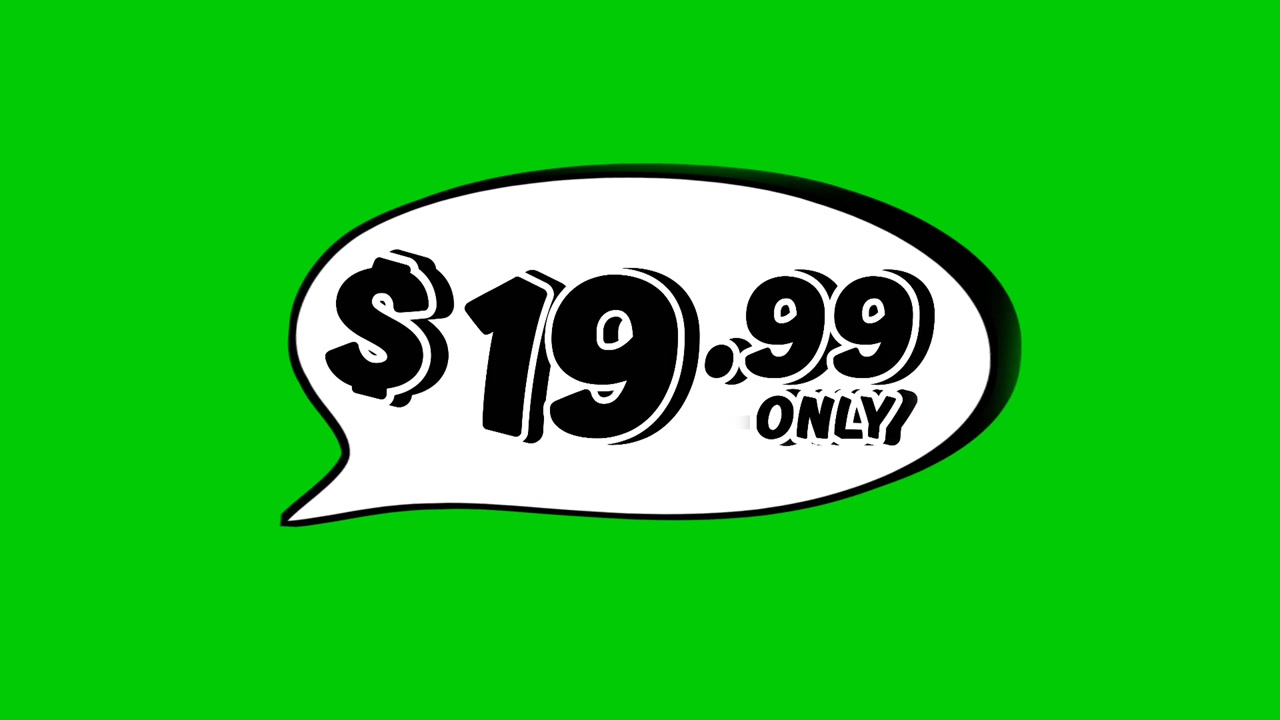 Animated $19.99 price tag in speech bubble motion graphics on green screen background. Perfect for ads, e-commerce, retail, discounts, and promotion business concept video element