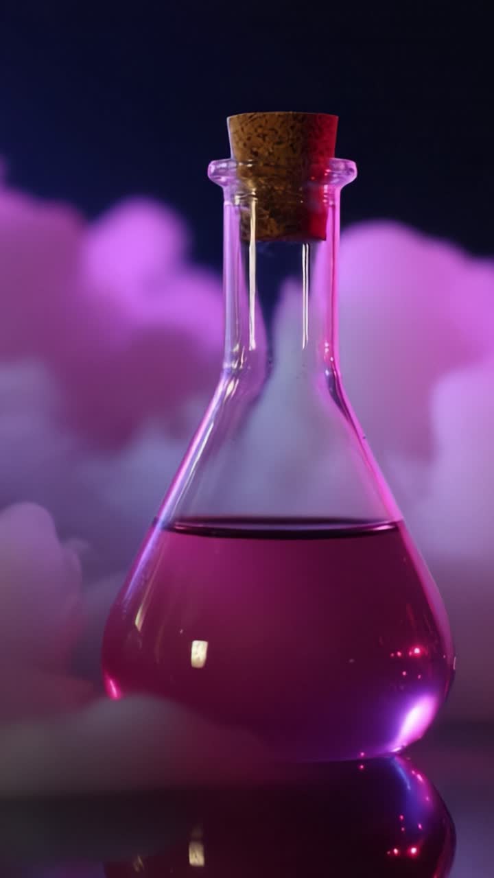 Un'affascinante beuta da laboratorio contenente un liquido rosa vivace, parzialmente oscurata da vapore colorato, che emana un senso di mistero ed esplorazione scientifica.