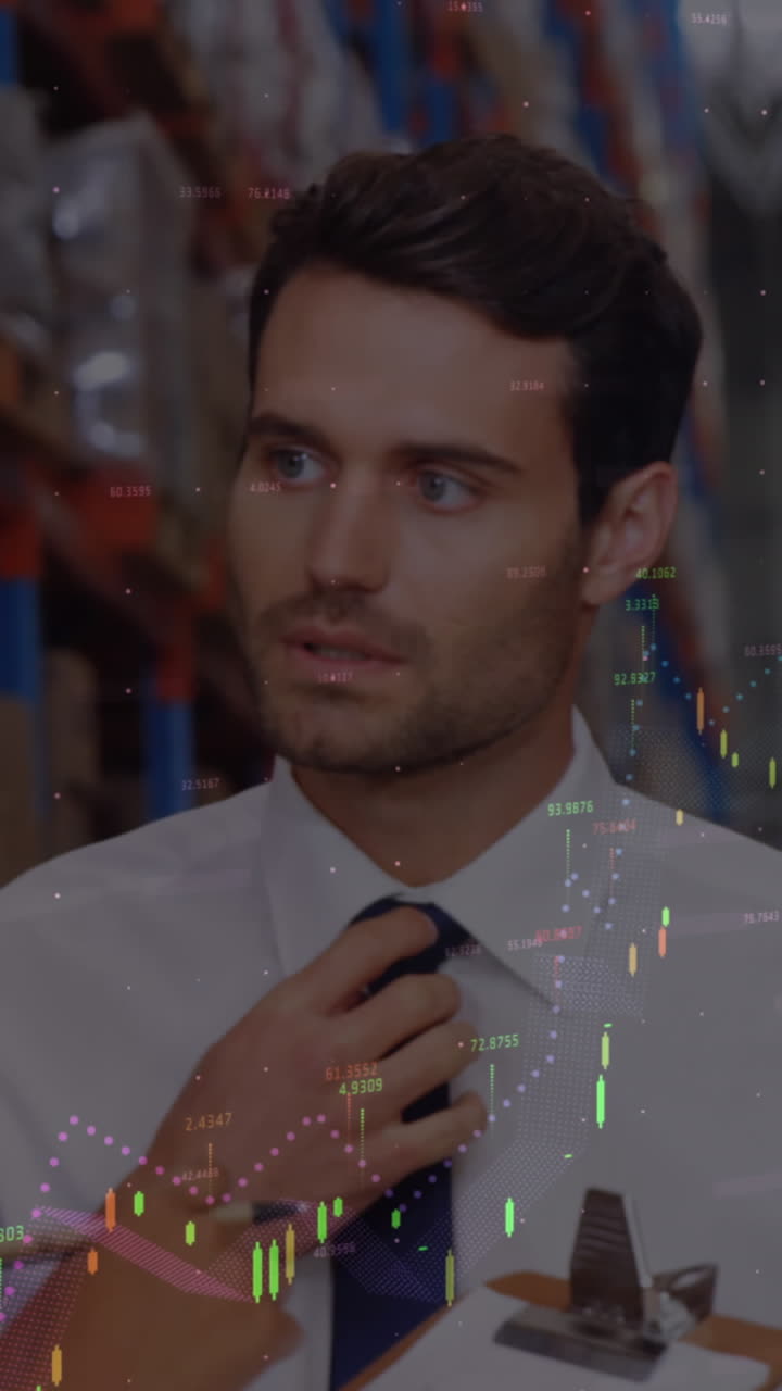 animación del procesamiento de datos financieros sobre diversas personas de negocios en el almacén