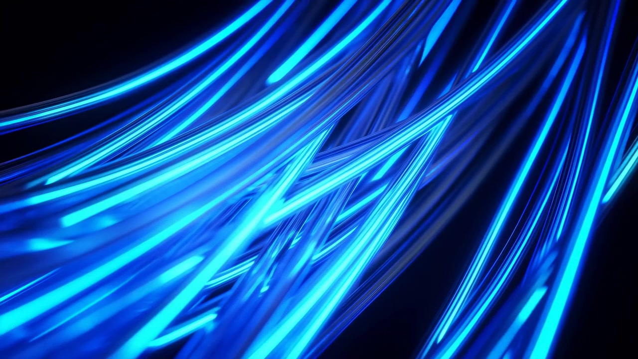 Intertwined glossy blue filaments sweep through dark space with electric cyan highlights, braided curves, layered depth, reflective sheen, and vivid abstract energy for modern visual background