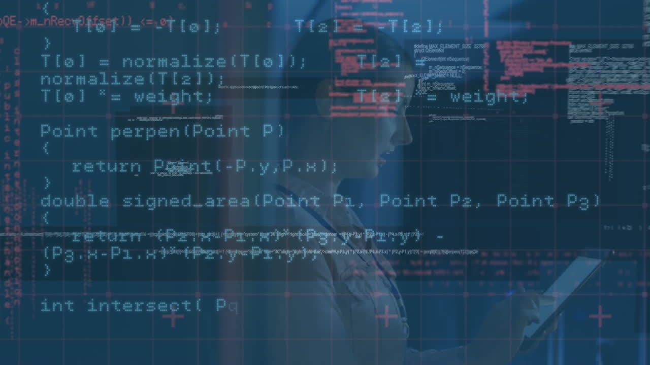 animación del procesamiento de datos sobre una mujer caucásica en la sala de servidores