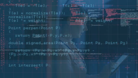 animation of data processing over caucasian woman in server room