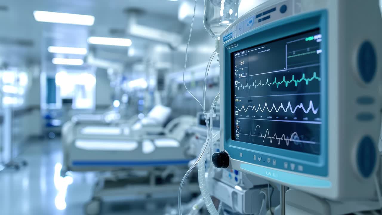 Nahaufnahme eines Herzmonitors in einem Krankenhauszimmer, aufgenommen aus einem seitlichen Winkel