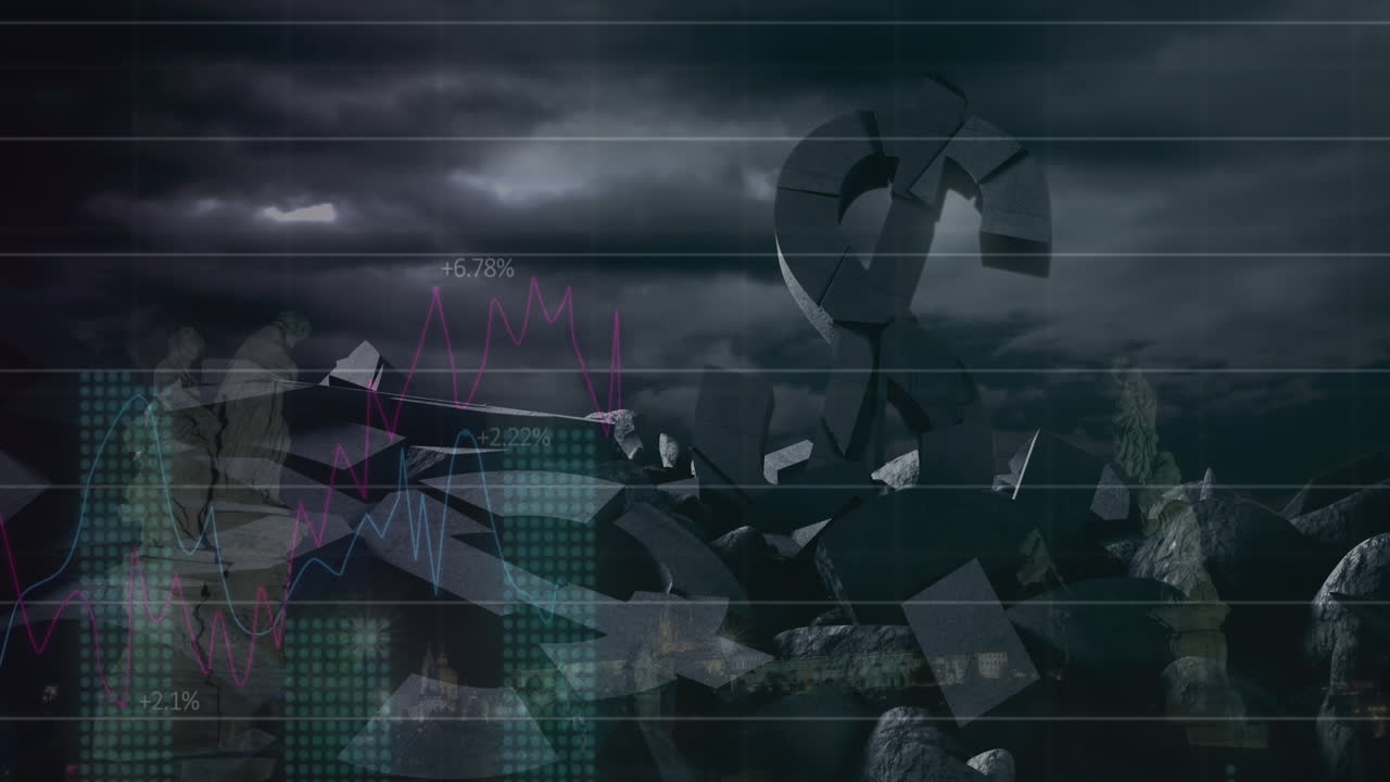 Animation of data processing over broken dollar symbols and dark clouds