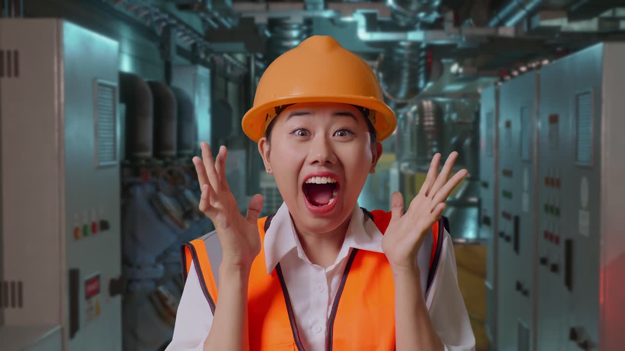 Surprised Woman Engineer in Factory