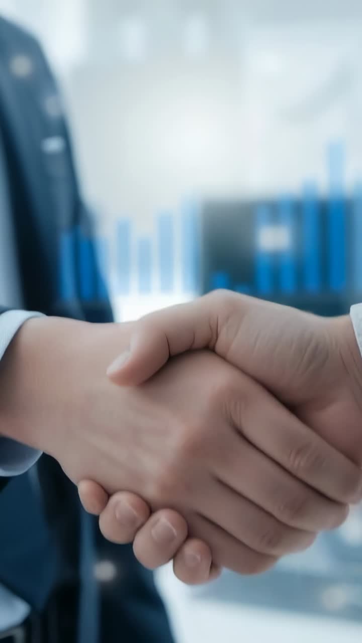 Vertical video: Extending hands two men in suits shaking hands in office, sealing deal with charts