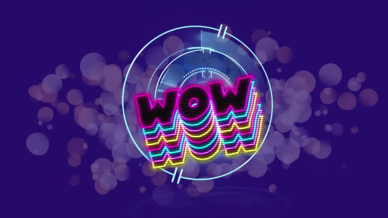 범위 스캐닝과 파란색 배경의 반점 위에 와우 텍스트의 애니메이션