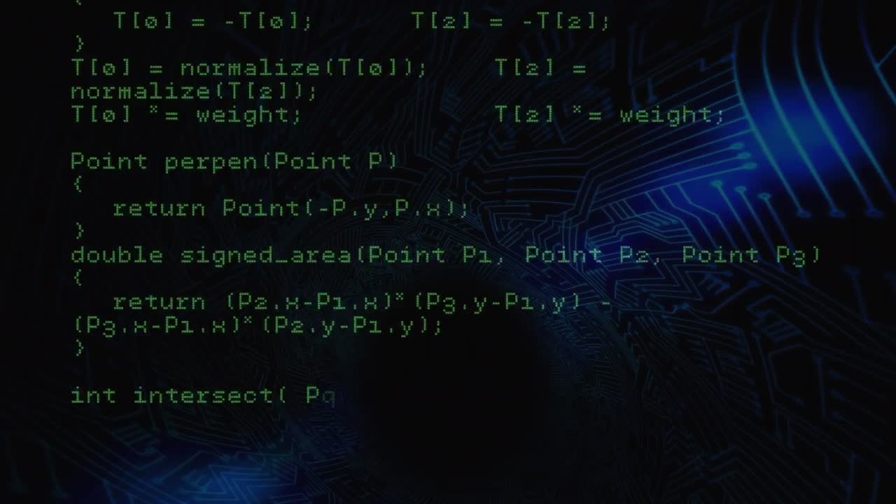 Animation of data processing on computer circuit board over blue background