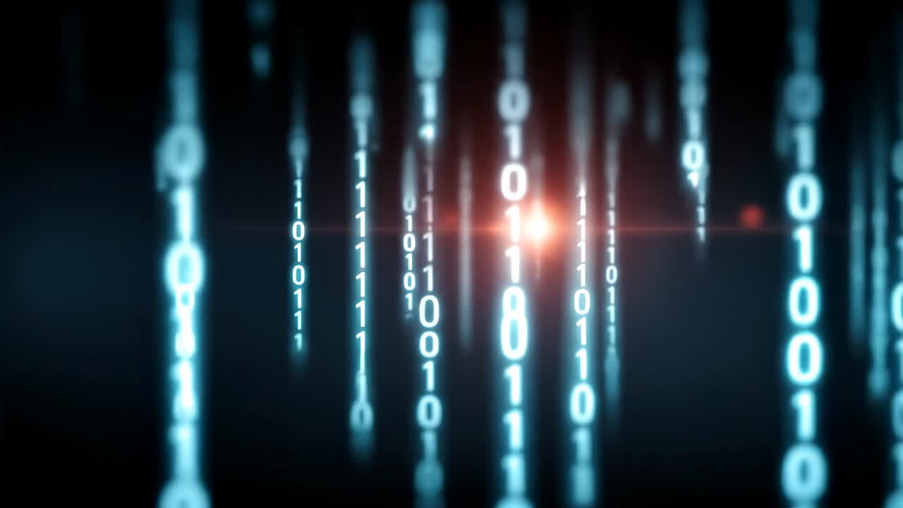 Light in binary digital space. A stream of binary code with bright light in the background. Digital elements are flowing downwards