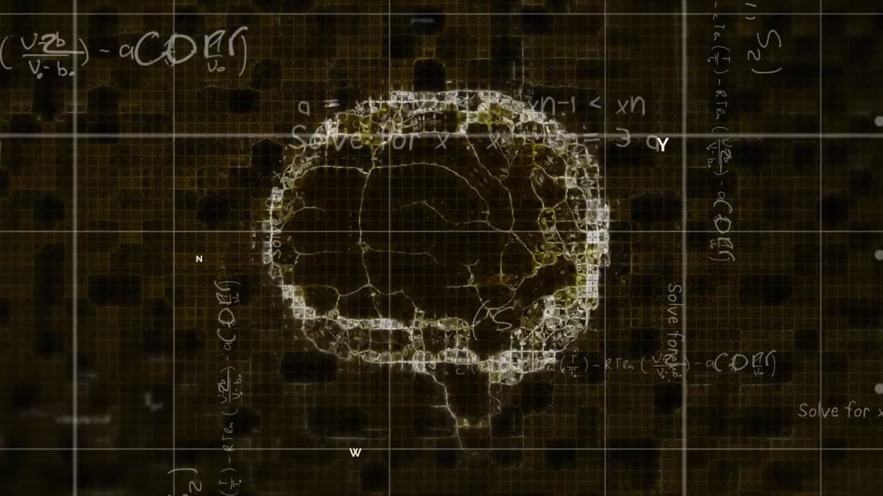 Animation of digital brain over mathematical equations on black background