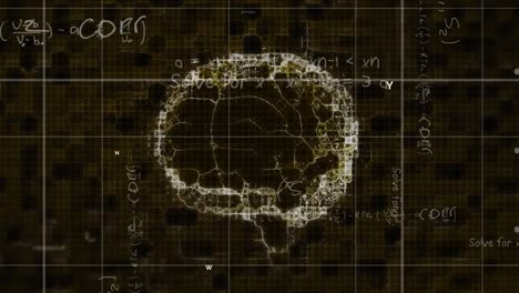 animation of digital brain over mathematical equations on black background