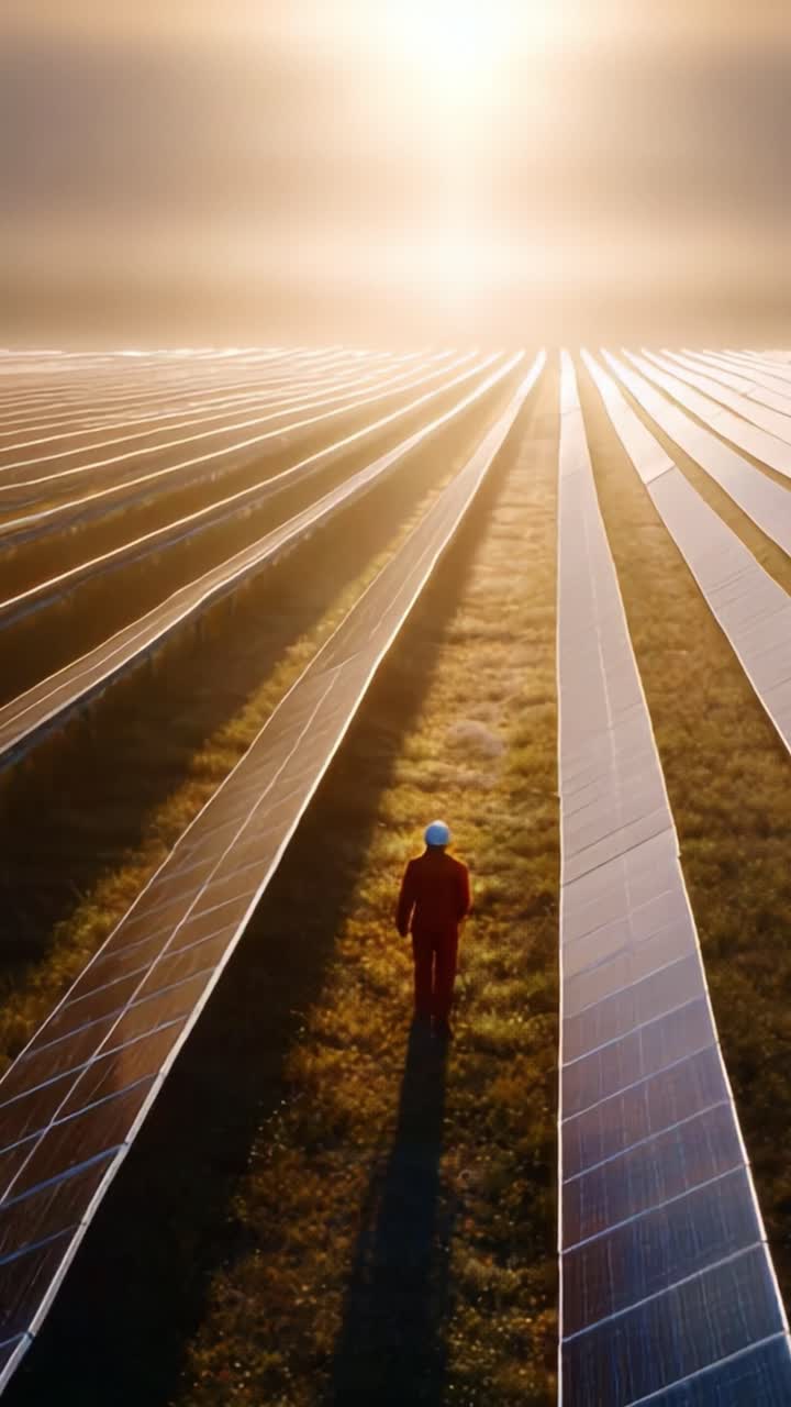 A lone figure stands amidst a vast solar panel array, with golden sunlight illuminating the horizon and casting long shadows across the neatly organized rows, highlighting a serene yet industrious energy landscape