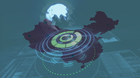 globe spinning over round scanner and world map against digital interface with data processing