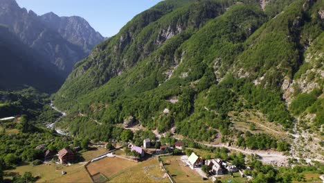 theth is one of the most popular travel destinations in northern albania. drone flight towards the lock tower a former prison